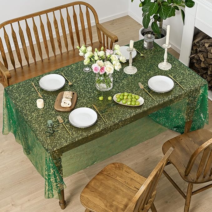 Horaldaily Green Gold Gauze Tablecloth 60x120 Inch Rectangular, Green Sequin Glitter Metallic Foil, Sheer Tulle Cheesecloth for Wedding Baby Shower Ceremony Birthday