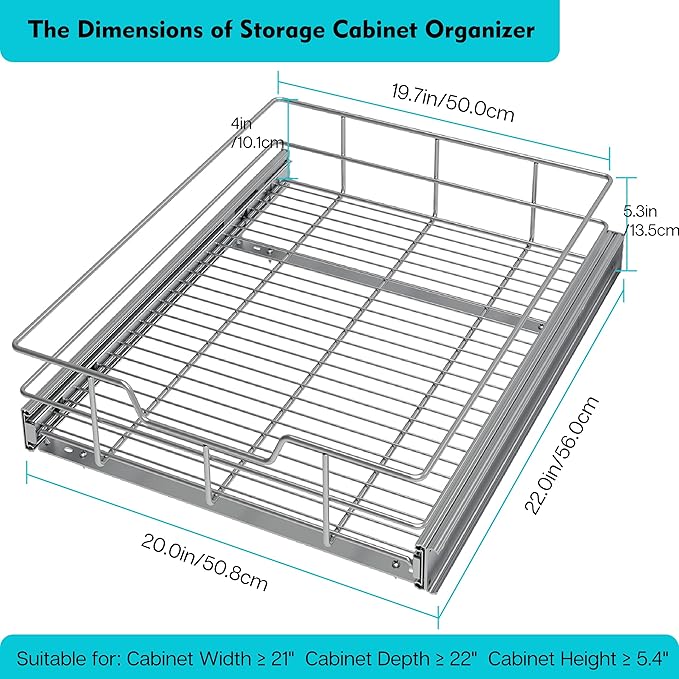 Pull Out Cabinet Organizer 20" W X 22" D, Slide Out Drawers For Kitchen Organizers and Storage, Pull Out Drawers For Cabinets Capacity Heavy Duty Caddy, Cabinet Shelves Chrome-Plated, Bathroom Pantry