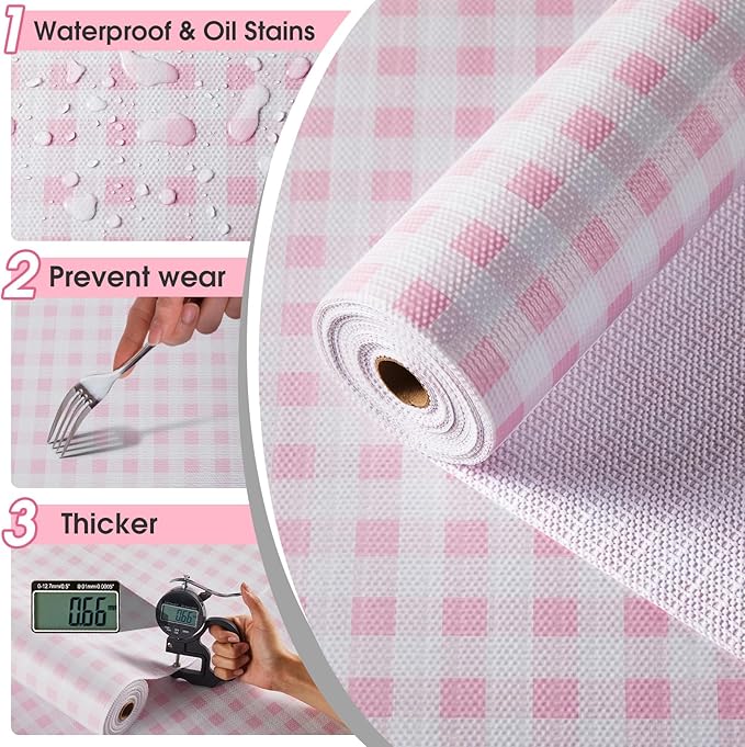 Drawer and Shelf Liner, Non-Slip Kitchen Cabinet Liners Non-Adhesive Thick Strong Grip Waterproof Washable Mats Protect Dresser Shelves Cupboard Bathroom Cabinets, Pink Plaid, 12 in X 10 FT
