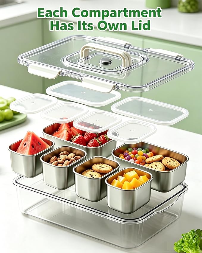 Snackle Box Container, Stainless Steel Divided Serving Tray with Lid and Handle, Large Snack Tray for Fruit Veggie Candy, 6-Compartment Snack Platter for Travel Party Beach Picnic