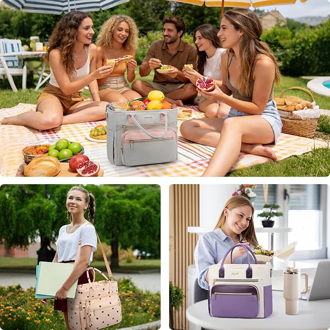 LOVEVOOK Insulated Lunch Bag Women,Wide Opening Adult Lunch Box Women with Cup Holder,Large Leakproof Cooler Bag for Work Picnic Beach Family College Mom,Lunch Teacher Breast Pump Diaper Tote Bag