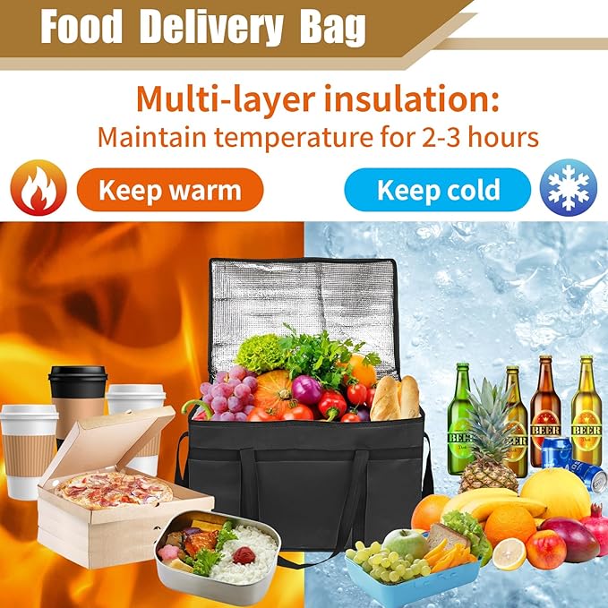 PEASUG Insulated Bags for Food Delivery, XXXL Pizza Delivery Bags, Large Capacity Cooler Bag Keep Food Warm for Grocery Shopping and Catering, Foldable, Heavy-Duty (Black)