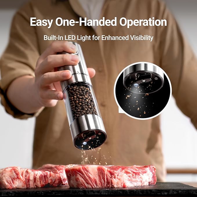 ThermoMaven Electric Salt and Pepper Grinder Set, 110ml Larger Rechargeable Automatic Salt and Pepper Mill Grinder with 6 Adjustable Coarseness, Electric Salt and Pepper Shakers, LED, Midnight Black