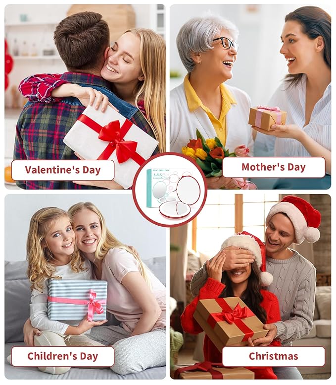 WOBSION Travel Compact Mirror,Portable 1x/10x LED Makeup Mirror with Magnification,Handheld 2-Sided Pocket Mirror, 3.5in Small Mirror for Purse,Handbag,Gift,Wine Red