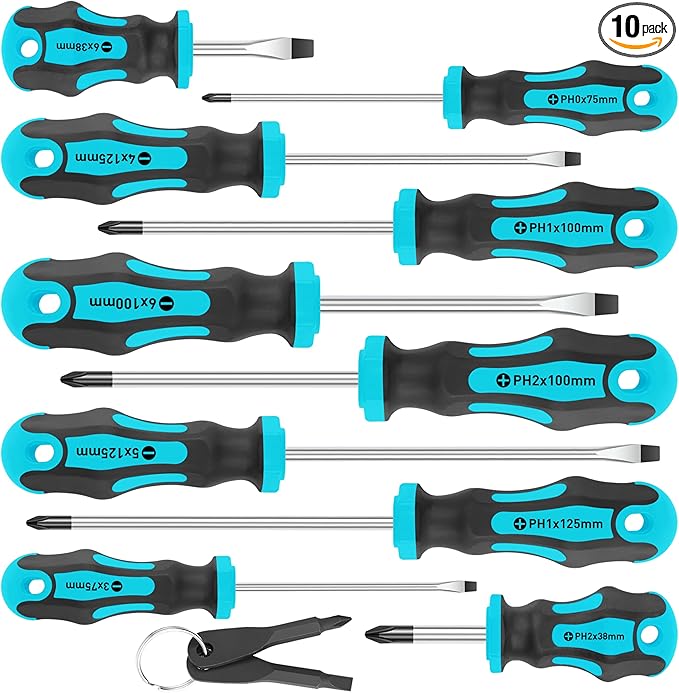 Amartisan 10-Piece Magnetic Screwdrivers Set, 5 Phillips and 5 Slotted Tips Professional Cushion Grip Screwdriver Set 2pcs Portable Multifunction Key Mini Screwdriver (Blue)
