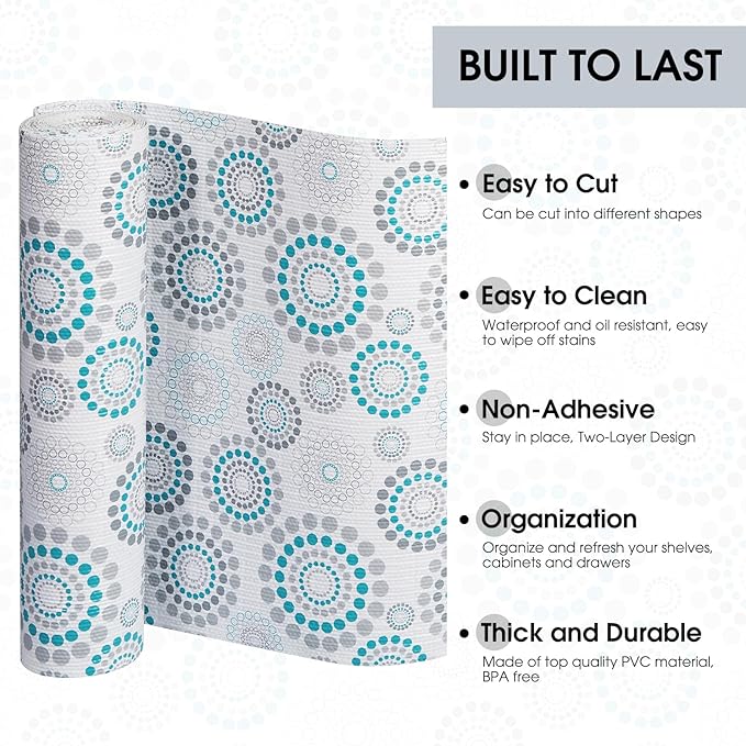 Drawer and Shelf Liner, Non-Slip Kitchen Cabinet Liners Non-Adhesive Thick Strong Grip Waterproof Washable Mats Protect Dresser Shelves Cupboard Bathroom Cabinets, Spiral, 18 in X 10 FT