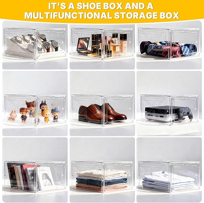 6 Pack Large Drop-Front Black Transparent Shoe Boxes, Stackable Sneaker Storage Container for Closet, Fits US Size 13+, Magnetic Front Door, Heavy-Duty Reinforced Plastic Shoe Organizer