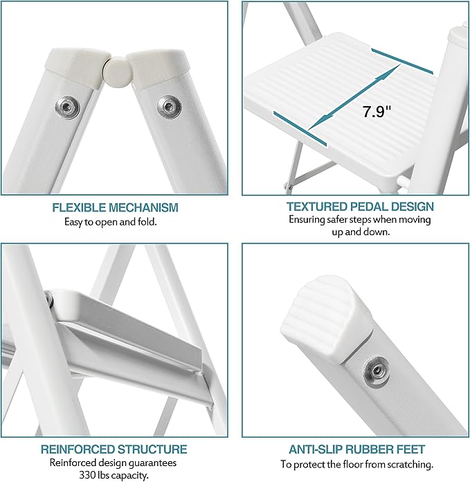 BOCOM 3 Step Ladder, Lightweight Portable Foldable Collapsible Folding Sturdy Iron Metal Step Stool with Anti-Slip Wide Pedal, Heavy Duty 330 lbs Capacity, for Home, Kitchen, Closet, Adults, White