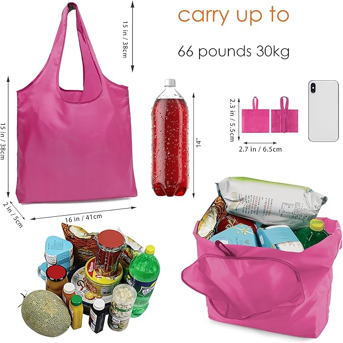 BeeGreen Pink Red Ultimate Travel Tote Bag - Reusable Grocery Shopping Bag - Foldable Compact Portable Lightweight Duffle Bags
