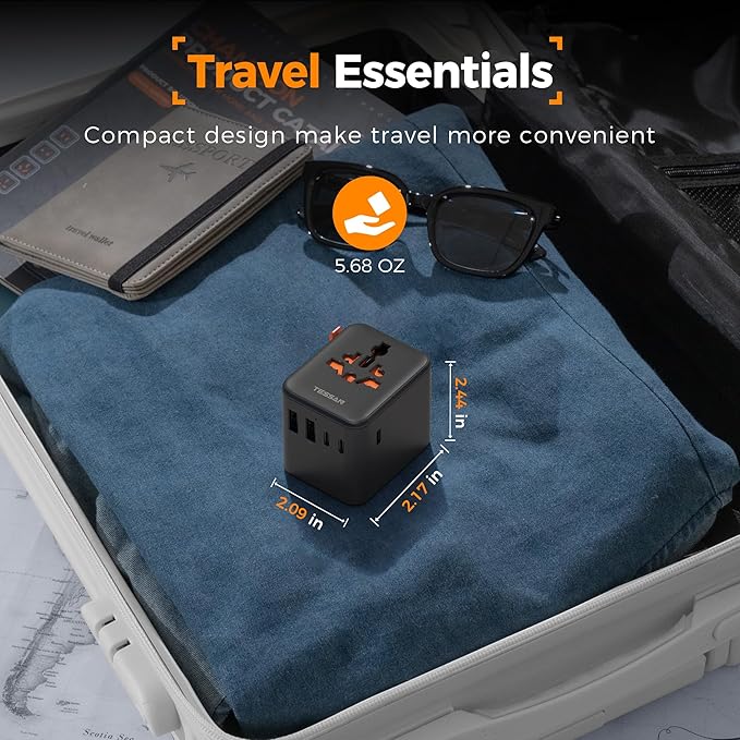 TESSAN Universal Travel Adapter 28W, International Power Adapter with 5 USB Ports (3 USB C), Travel Plug Adapter Worldwide for US to Europe UK France Germany Spain Australia (Type C G A I), Black