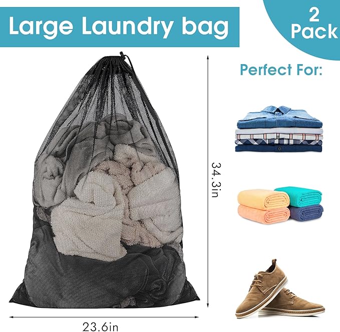 2 Pack Mesh Laundry Bags, 23 x 34 Inches Heavy Duty Mesh Laundry Bag, Large Laundry Drawstring Bag for College, Dorm, Travel, Family and Apartment Dwellers, Black