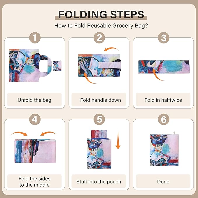 Reusable Grocery Bags, Oil Painting Art Tote Bags With Carry Pouch Waterproof Shopping Bags for Travel Daily Use