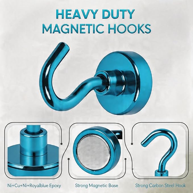 Neosmuk Magnetic Hooks, Heavy Duty 30lb+ Strong Magnet Hook for Cruise Cabins, Cruise Ship Essentials for Hanging, Metal Wall Refrigerator Hangers (Navyblue, 12 Pack)