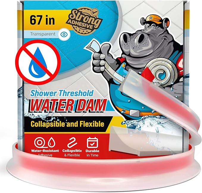 Shower Threshold Water Dam Barrier 67" - Transparent Collapsible Walk in Shower Water Guard - Door Bottom Seal Strip Leak Guard by Hippo Dam