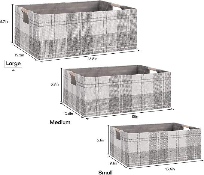 Fabric Storage Bin Box Collapsible Cotton Linen Storage Cube with Wooden Handles Rectangular Decorative Home Organizer Clothes Blanket Basket– Light Gray Plaid, Large