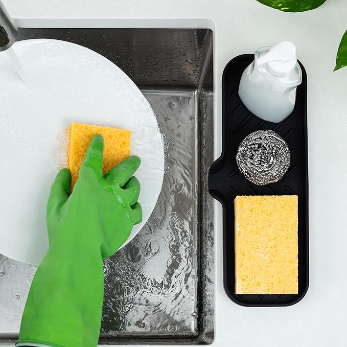 Zulay Kitchen Large Silicone Sponge Holder (12x4) – Flexible Sink Organizer Tray for Kitchen & Bathroom – Multipurpose Soap Dish for Sponges, Makeup, Trinkets & More (Black)