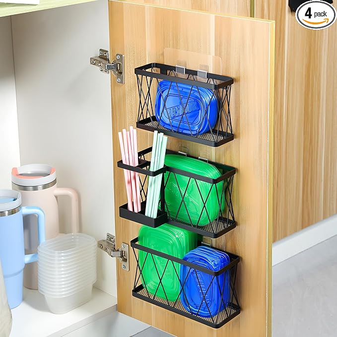 YIGII 3 Pack Adhesive Cabinet Door Organizer, Wall Mounted Lid Organizers Inside Cabinet with Straw Holder for Tupperware Lid Storage, Slim Space Kitchen Basket for Pantry, Under Sink