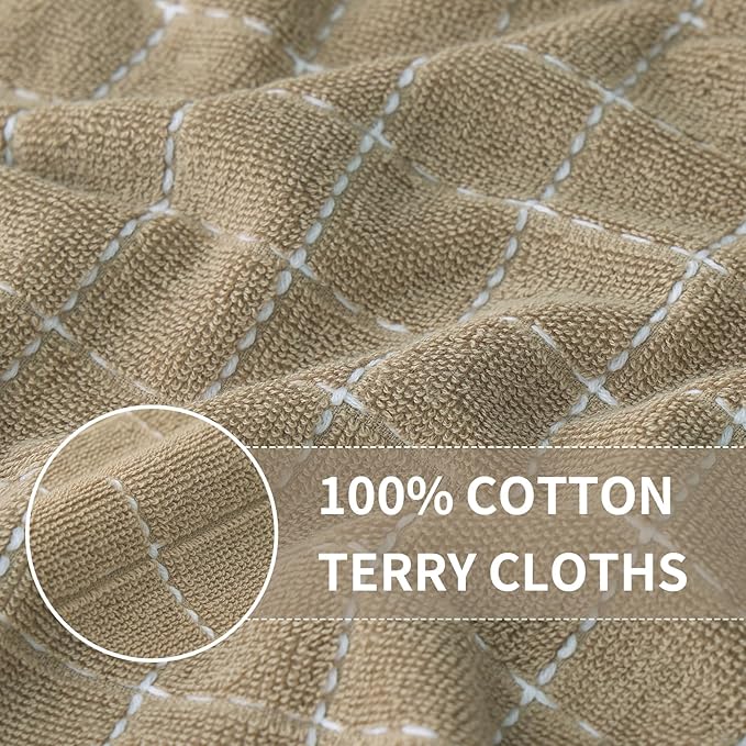 Homaxy 100% Cotton Terry Kitchen Towels(Tan, 13 x 28 inches), Checkered Designed, Soft and Super Absorbent Dish Towels, 6 Pack