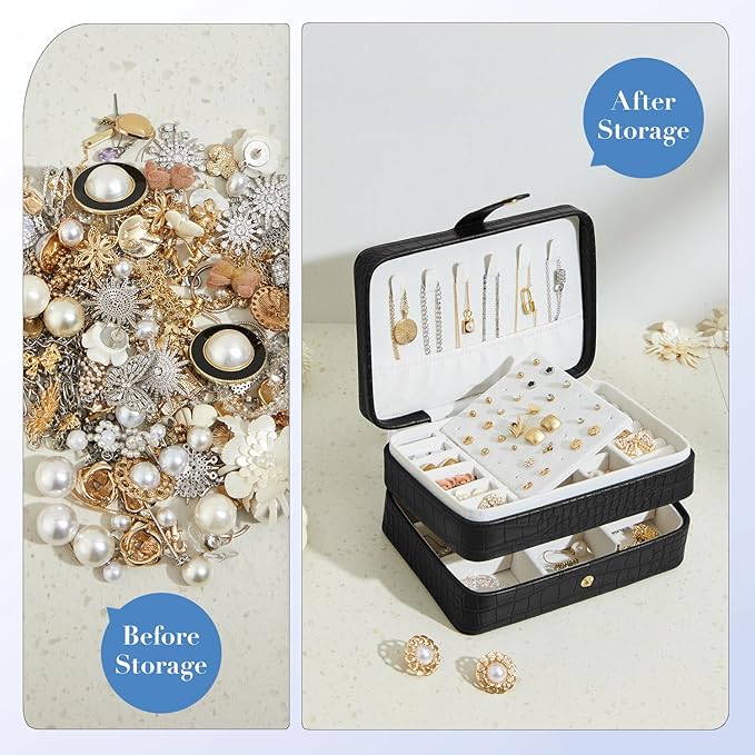 Travel Jewelry Case, Portable Jewelry Organizer Box with 3 Layers PU Leather Storage for Earrings, Necklaces, Rings, Bracelets, Compact Jewelry Gift for Women, Christmas Gifts (Black)