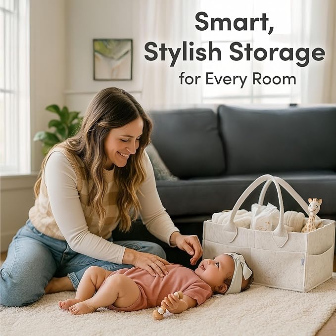 PUTSKA Baby Diaper Caddy Organizer - Nursery Storage Basket for Diaper Station, Baby Basket Shower Gift List and Registry Must-Have, Newborn Essentials, Nursery Decor for Boy or Girl - White, Regular