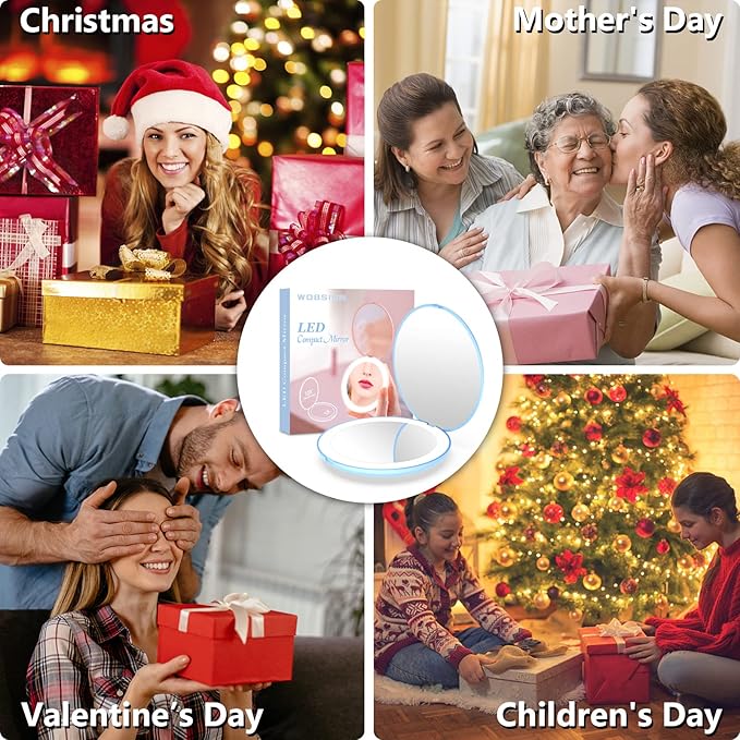 WOBSION Travel Compact Mirror,Portable 1x/10x LED Makeup Mirror with Magnification,Handheld 2-Sided Pocket Mirror, 3.5in Small Mirror for Purse,Handbag,Gifts,Blue