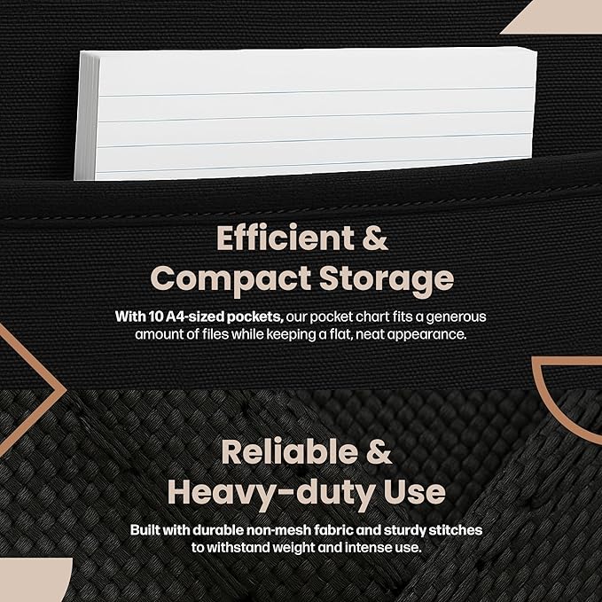Black Pocket Chart for Classroom - 10 Pocket Storage Rainbow Pocket Charts , 3 Over Door Hangers Included, Hanging Wall File Organizer for File Folders, School Mailbox, Home/Office Papers