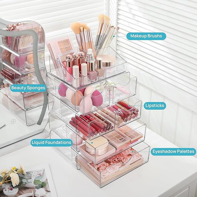 Vtopmart 5 Tier Clear Makeup Organizer with Drawer, Cosmetic Storage for Dresser Countertop and Bathroom Vanity, Beauty Holder for Lipstick Brush Skincare