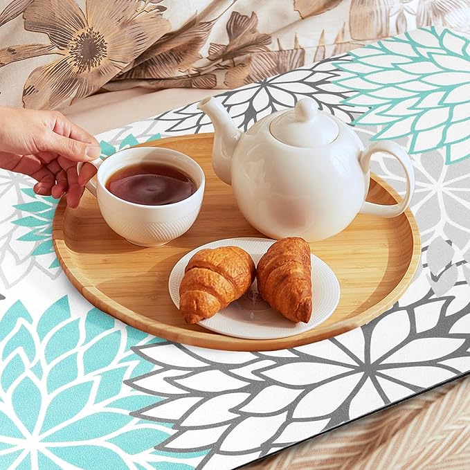 Findosom 2PCS 12" x 20" Dish Drying Mat & 24" x 5.5" Sink Splash Guard, Super Absorbent & Cuttable Dish Mat Drying Kitchen Mat with Teal Floral, Hide Stain Drying Mat for Kitchen Counter