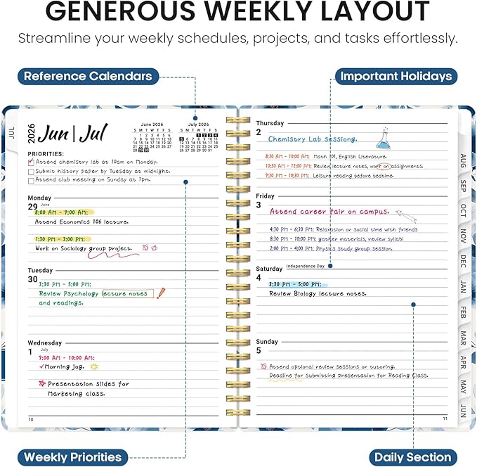 Planner 2026-2027, Academic Year Monthly and Weekly Calendar Planner, Jul 2026 - Jun 2027, Hardcover Teacher Student Planning Agenda book with Tabs, Perfect for School Office Supplies, 6.3" x 8.5" - Watercolor Petal