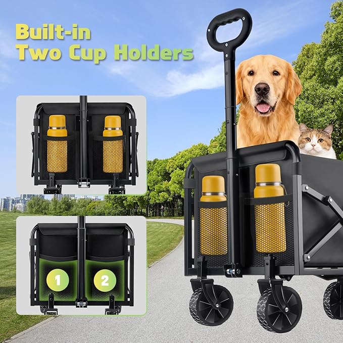 360LBS Collapsible Foldable Wagon Carts - Heavy Duty Portable Folding Utility Wagons with All-Terrain Wheels for Grocery Sports Shopping Camping Garden Beach, 2 Drink Holders/Lightweight/Black