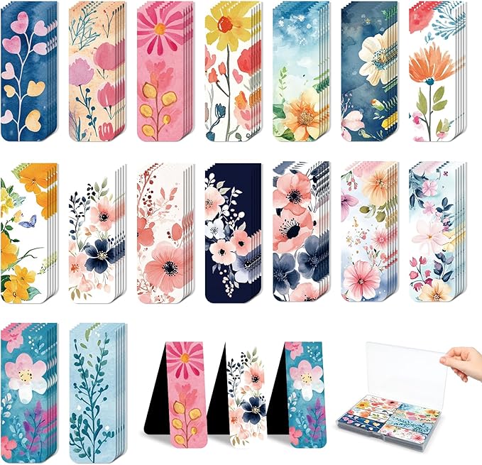 96 Pieces Magnetic Bookmarks Magnet Page Markers - Book Marks for Reading Women & Men with Storage Boxes - Cute Magnet Bookmark Clips for Reading Pleasure（Flowers）