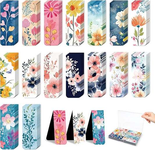 96 Pieces Magnetic Bookmarks Magnet Page Markers - Book Marks for Reading Women & Men with Storage Boxes - Cute Magnet Bookmark Clips for Reading Pleasure（Flowers）