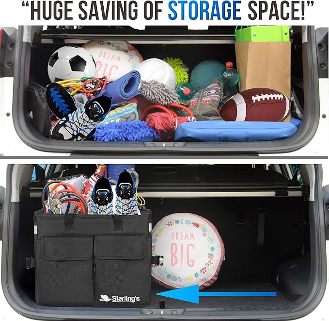 Starling's Car Trunk Organizer Super Strong, Foldable Storage Cargo Box for SUV, Auto, Truck Nonslip Waterproof Bottom, Fits any Vehicle, Comes with Adjustable Tie-Down Straps with Lid (Black, 2