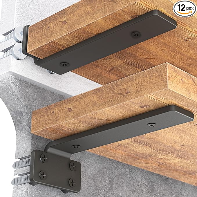 Goovilla Shelf Bracket, Heavy Duty Floating Shelf Brackets 6 inch Long, 12 Pack Brackets for Shelves, Black Coated Metal Wall Shelf Support Brackets with 1/5 Inch Thick and 160 lb. Load Capacity