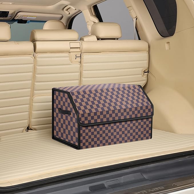 kingmise car organizers and storage for SUV,trunk organizer for sedan, leather foldable sleek box with lid,collapsible cargo bins, tool accessories containers,Chessboard pattern (Coffee grid, Small)