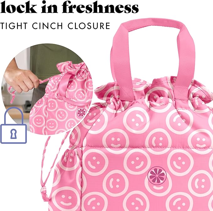 Fit & Fresh Cromwell Drawstring Lunch Bag for Women, Complete Lunch Set with 2 Containers, Stain-Resistant, Leak-Resistant, Back to School Essential, Teacher Lunchbox, All Smiles Fuchsia