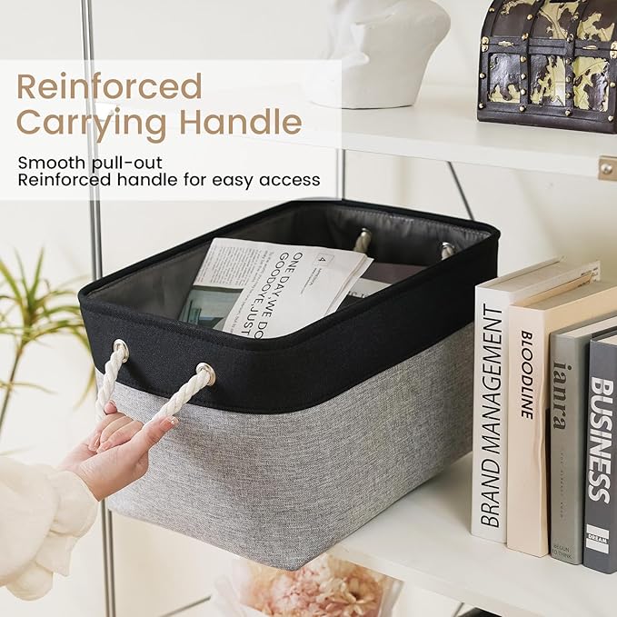 VQRTEXA Large Storage Baskets- 15x11x10 inch Storage Bins for Shelves and Closet Organizing, Foldable Fabric Bin for Home Organization Clothes and Laundry (1-Pack, Black&Gray)