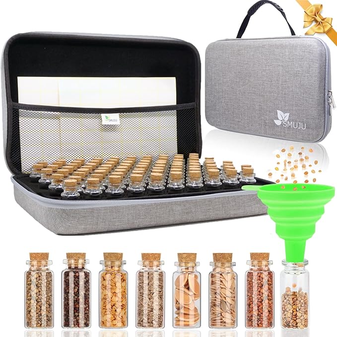 【80 Slots】 Seed Storage Organizer, Sturdy Seed Organizer Storage Box with Dual Zipper Bag and 84Pcs Label Stickers, Glass Seed Storage Container for Flower Vegetable Plants Garden Seeds Saving
