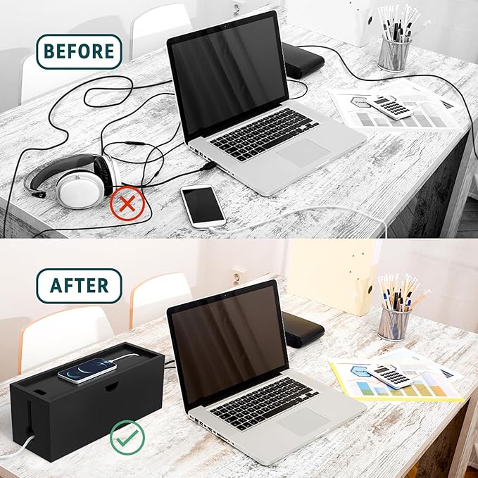 Bamboo Cable Management Box, Large Cord Organizer Box Cable Box to Hide Wires & Power Strips for Desktop Storage Cord Holder for Office Home, No Assembly Required (All Black, 2 Packs(M+L))