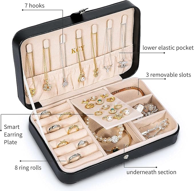 KCY Travel Jewelry Organizer Box for Women Girls, Small Travel Jewelry Case, PU Leather Portable Jewellery Storage Boxes Display Holder for Ring Earrings Necklace Bracelet Bangle, Gifts, Black