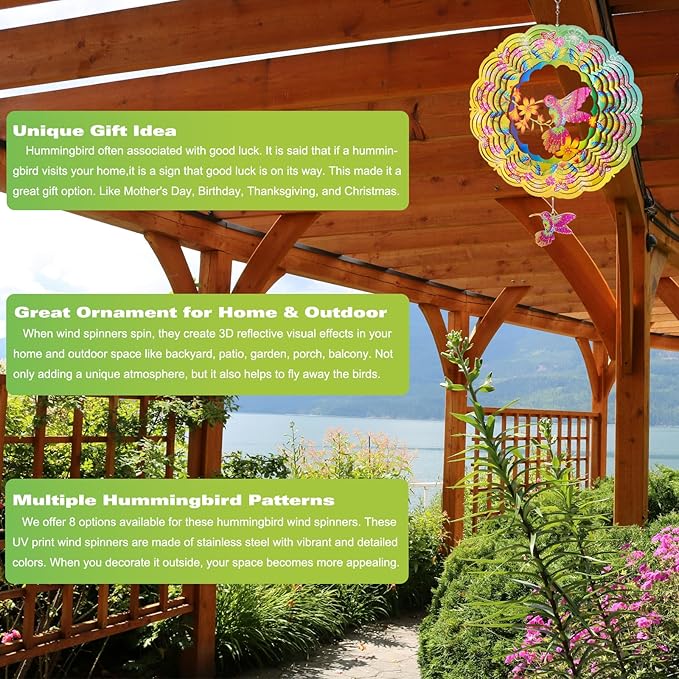 Wind Spinners - 12 Inches Hummingbird Wind Spinner, 3D Reflective Metal Wind Sculptures, Decor for Home, Outside, Garden, Yard Art, Hummingbird Gifts for Daughter, Mom, Grandma's Birthday, Yellow Cyan