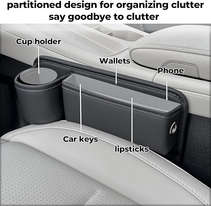PLEW 2-Pack Black Obsidian Car Seat Gap Filler, Premium Leather Console Organizer Universal Fit for Car SUV Truck Multi-Purpose Essentials Organizer - Car Seat Gap Filler Organizer with Cup Holder