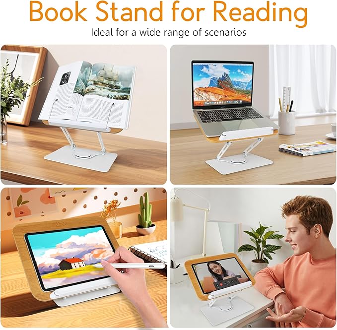 trophable Book Stand for Reading Cookbook Stand Book Holder with 360 Rotating Base Page Clips Book Display Stand for Recipe Sheet Music Laptop Drawing Tablet