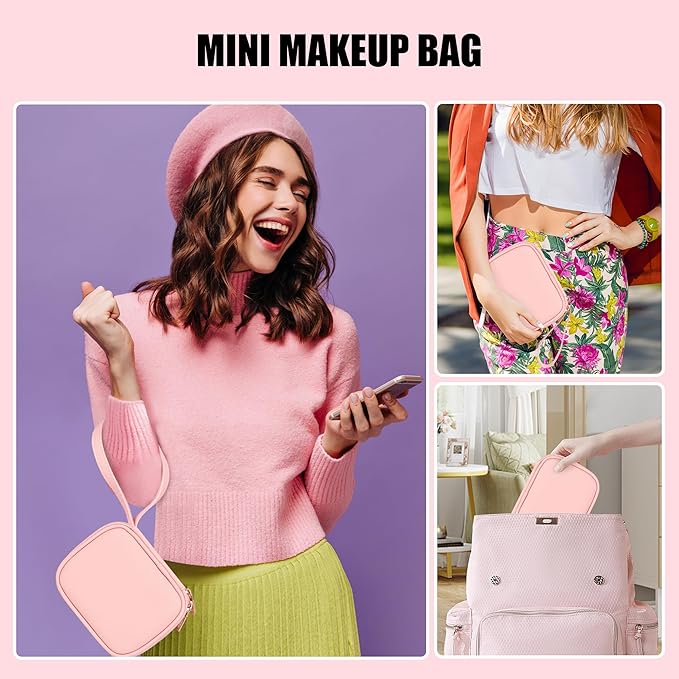 Relavel Mini Makeup Bag with Led Mirror, Small Cosmetic Bag with 3 Light Modes, Rechargeable Portable Makeup Pouch with Hands-Free Wrist Strap for Pool Parties丨Work Touch-Ups丨Travel - Pink
