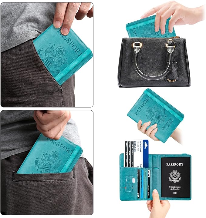 WALNEW Passport Holder for Travel, RFID Passport Cover Wallet for Women Men, PU Leather Passport Book Card Holder Case with Pen, Travelling Essentials for Flying