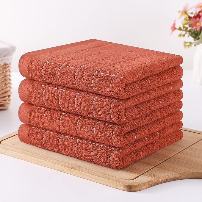 Homaxy 100% Cotton Terry Kitchen Towels(Rust, 13 x 28 inches), Checkered Designed, Soft and Super Absorbent Dish Towels, 6 Pack
