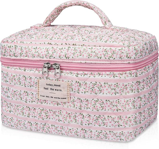 Large Makeup Bag, Cute Cosmetic Bag for Women Girls, Floral Coquette Aesthetic Toiletry Bag, Travel Make Up Organizer Bag(Small Pink Floral