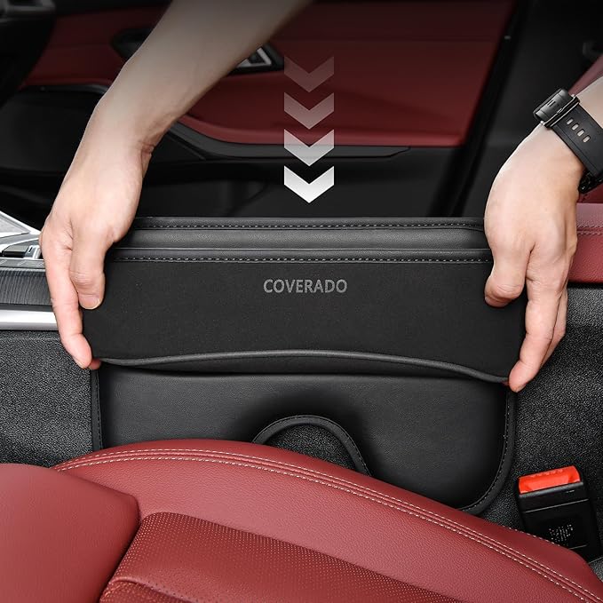 Coverado Universal Car Seat Gap Filler Organizer, Premium Suede Leather Car Seat Side Gap Filler, Seat Gap Storage Box for SUV Truck, Car Interior Accessories, Black-1pc