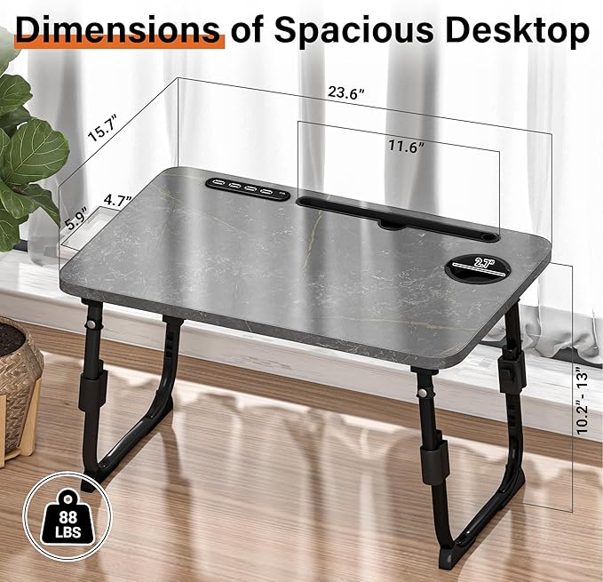 Laptop Desk for Bed, Height Adjustable, Lap Bed Table with USB/Storage Drawer/Cup Holder/Tablet Stand/Book Shelf, Foldable Breakfast Tray Portable for Reading Writing, Sofa & Floor, Deep Stone Texture