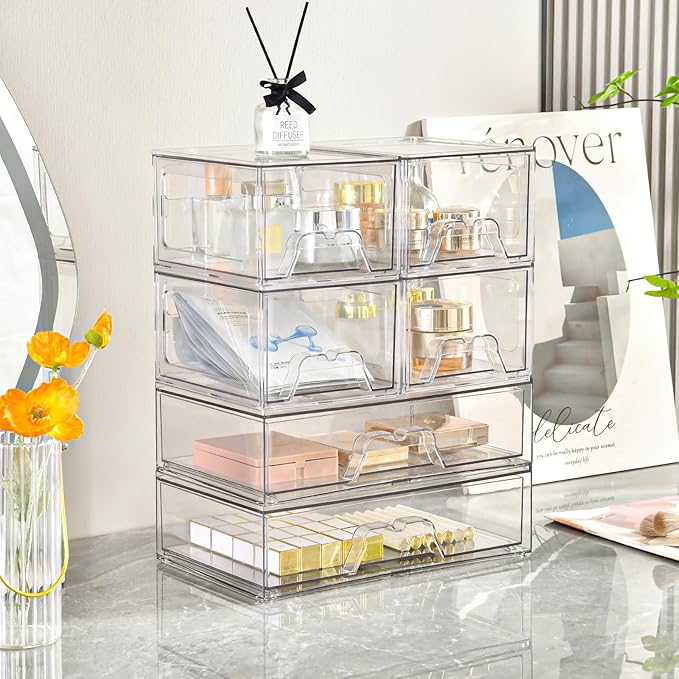 Stebopum 6 Pack Stackable Storage Drawers, Clear Acrylic Organizer, Makeup Bathroom Organizer and Storage Bins for Beauty Supplies, Ideal for Vanity, Bathroom, Pantry Organization